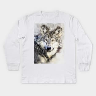 Dramabite Watercolor wolf wolves grey artsy artistic painting wildlife Kids Long Sleeve T-Shirt